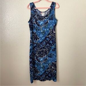 Vintage Hilo Hattie Dress Womens Medium Blue Midi Hawaiian Floral Gauze Tropical